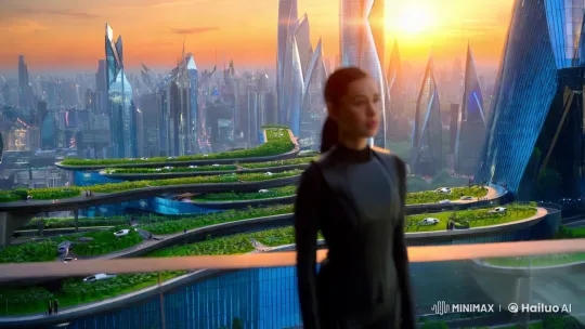 Futuristic Cityscape with Contemplative Woman – AI Generated Video | Hailuo AI