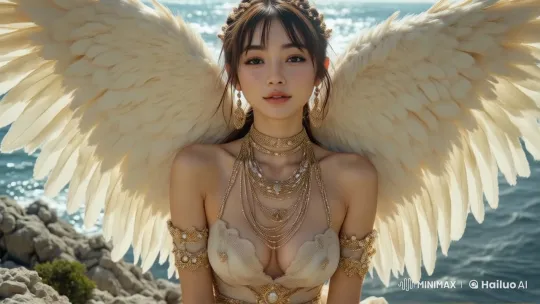 Serene Angel with Vibrant Wings on a Sunlit Shore – AI Generated Video | Hailuo AI
