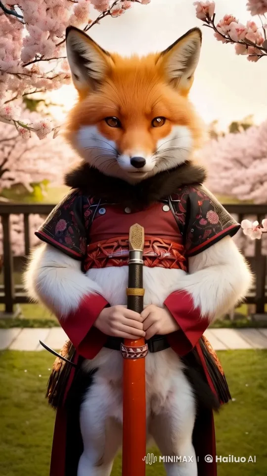 Fox Character Practices Swordsmanship in Cherry Blossom Garden – AI Generated Video | Hailuo AI