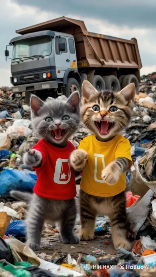 Bot Cats Laughing Amidst Landfill Setting – AI Generated Video | Hailuo AI