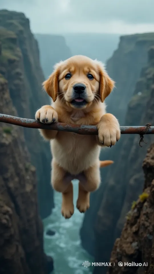 Golden Retriever Puppy Dangles Over Rocky Cliff in Storm – AI Generated Video | Hailuo AI