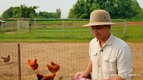 Dedicated Farmer Tends to His Chickens on Serene Farm – AI Generated Video | Hailuo AI