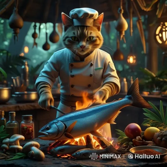 Animated Cat Chef Preparing Fish in Rustic Kitchen – AI Generated Video | Hailuo AI