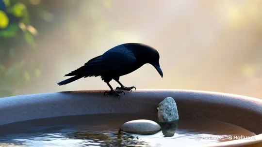 Graceful Crow Adorns Water Pot with Stones – AI Generated Video | Hailuo AI