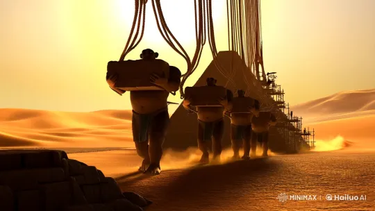 Giants Construct Pyramids in Golden Desert Panorama – AI Generated Video | Hailuo AI