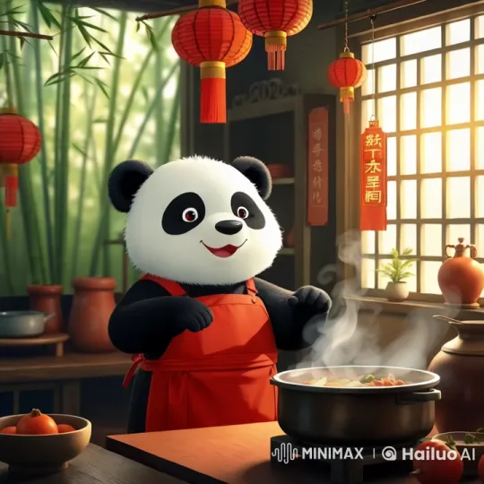 Panda Chef Celebrates Spring Festival in Antique Kitchen – AI Generated Video | Hailuo AI