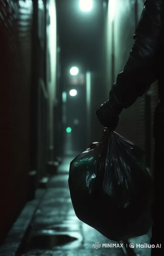 Mysterious Man Walks Down Dim Alley Carrying Garbage Bag – AI Generated Video | Hailuo AI