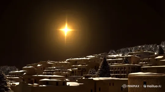 Star of Bethlehem Gleams Over Snowy Roofs in Serene Night – AI Generated Video | Hailuo AI