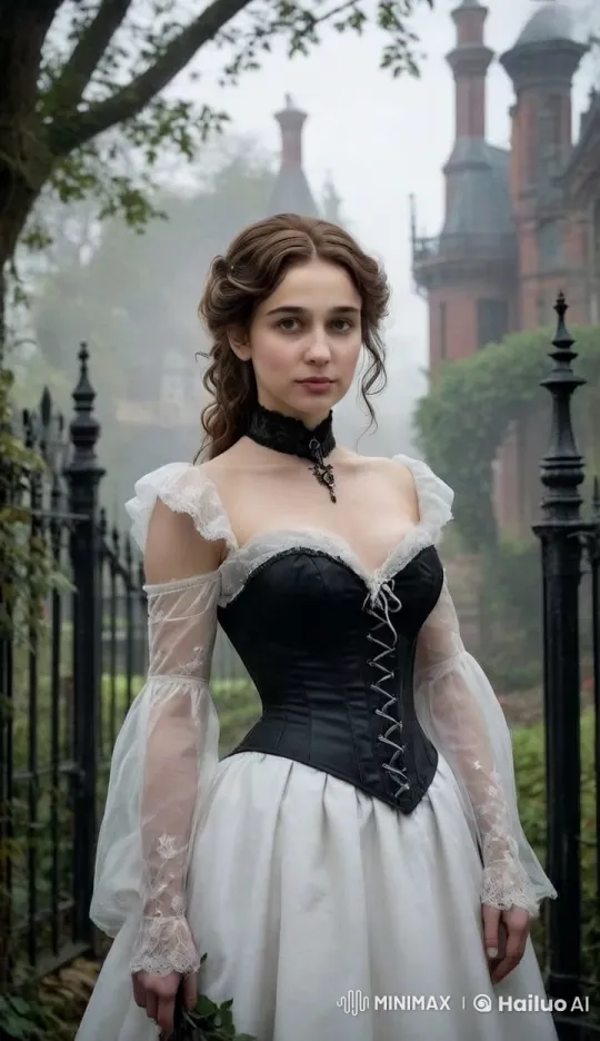 Misty Garden: Girl in Black Corset Gazes Steadily – AI Generated Video | Hailuo AI