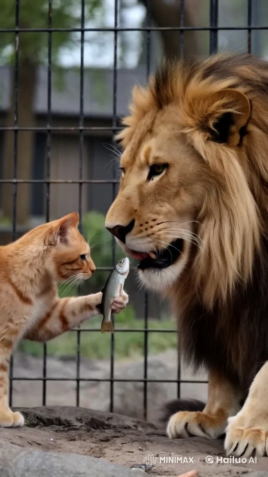 Cat Offers Fish to Lion, Unexpected Friendship Ensues – AI Generated Video | Hailuo AI