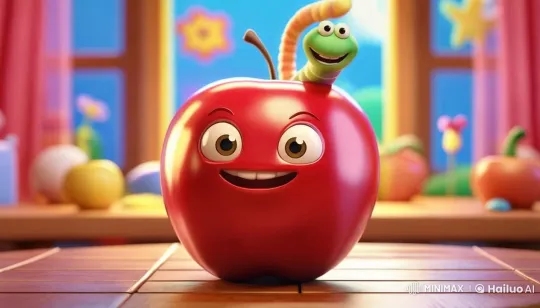Cheerful Apple and Worm in Colorful Cartoon Meadow – AI Generated Video | Hailuo AI