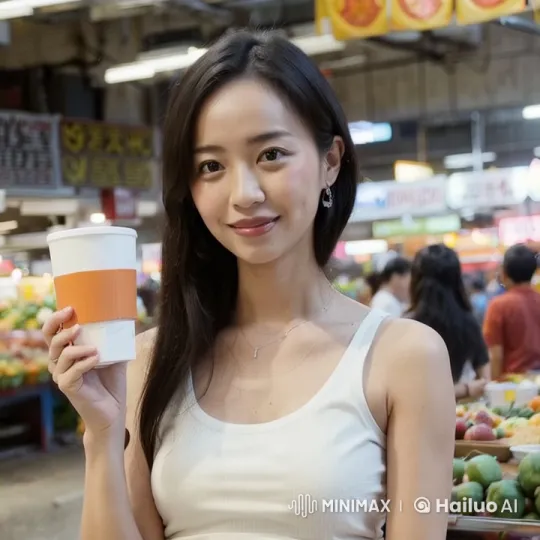 Girl Promotes Eco-Friendly Coffee Cup in Bustling Market – AI Generated Video | Hailuo AI
