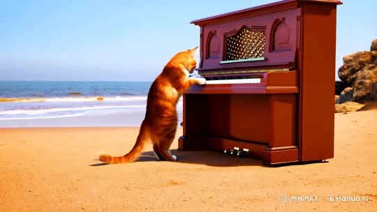 Cat Pianist Enchants Beachside Audience – AI Generated Video | Hailuo AI