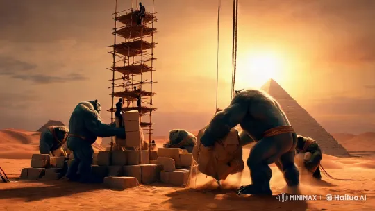 Monumental Giants Constructing Pyramids in Desert – AI Generated Video | Hailuo AI