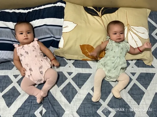 Two Babies Play Miniature Guitars in Cozy Bed Setting – AI Generated Video | Hailuo AI