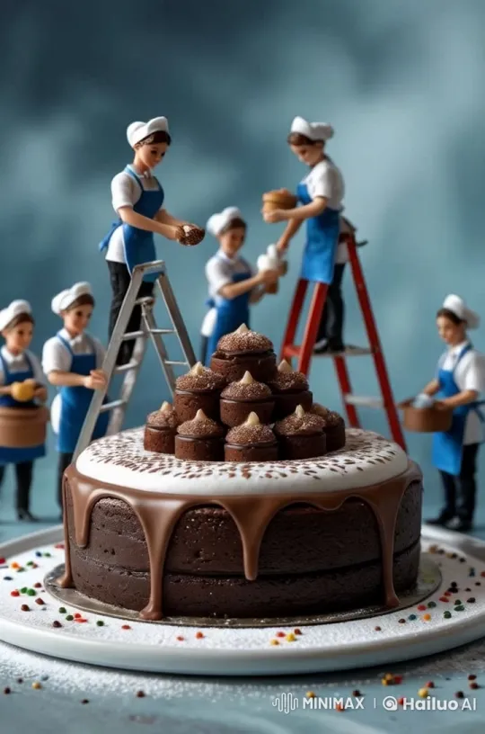 Miniature Maids Craft Chocolate Brownies Cake Artistry – AI Generated Video | Hailuo AI