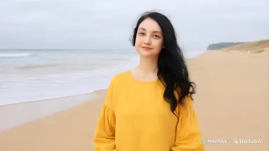 Serene Beach Portrait: Woman in Yellow Amidst Waves – AI Generated Video | Hailuo AI