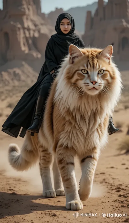 Graceful Woman Rides Majestic Cat in Desert Setting – AI Generated Video | Hailuo AI
