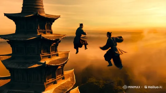 Epic Kung-Fu Duel on Pagoda at Sunset – AI Generated Video | Hailuo AI