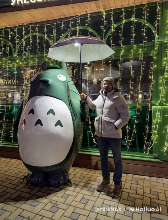 Totoro and Man Share Umbrella in Festive Scene – AI Generated Video | Hailuo AI