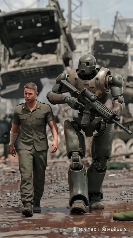 Post-Apocalyptic Soldier and Robot March Through Ruins – AI Generated Video | Hailuo AI
