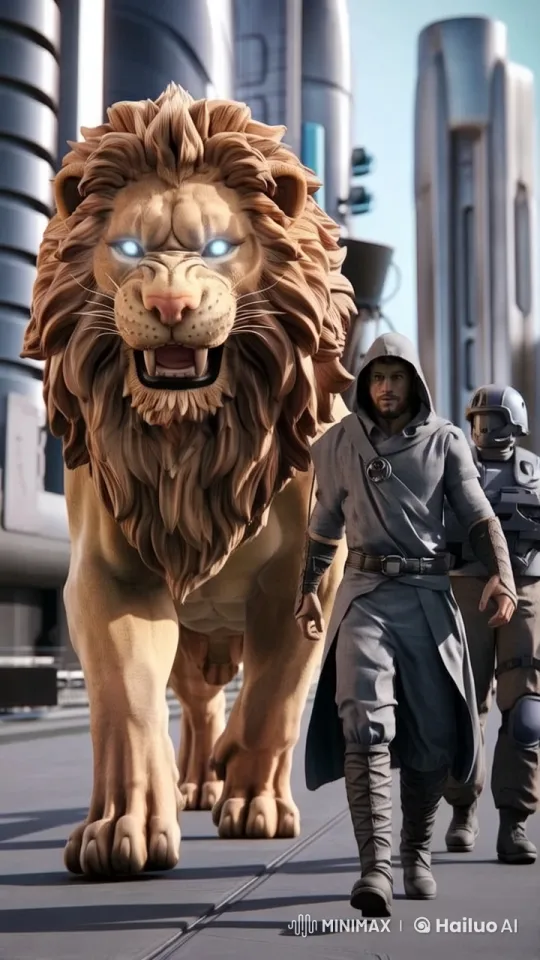 Medieval Armored Figure Walks with Lion in Futuristic City – AI Generated Video | Hailuo AI