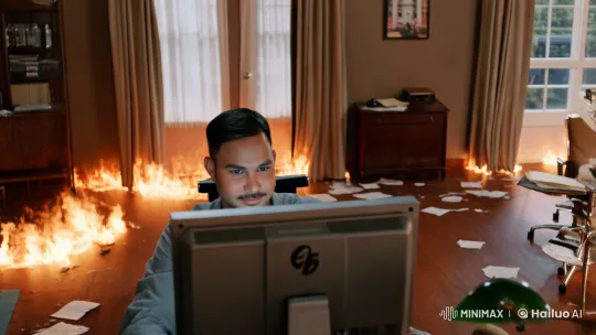Man Types Calmly Amid Office Inferno – AI Generated Video | Hailuo AI