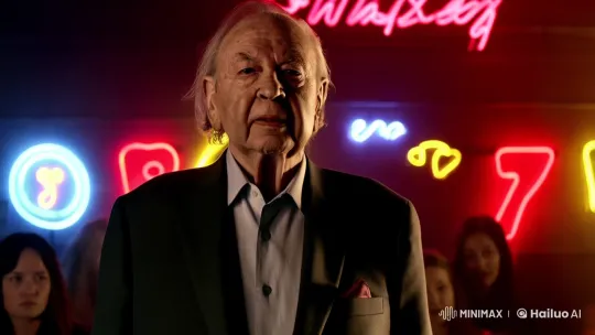 Elderly Man Unmasks as Stunning Woman in Dramatic Neon Reveal – AI Generated Video | Hailuo AI