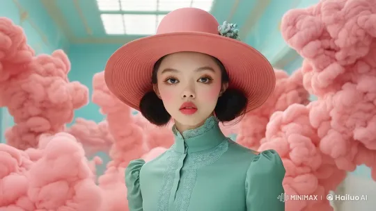 Woman in Mint Green Dress with Dreamy Clouds Background – AI Generated Video | Hailuo AI