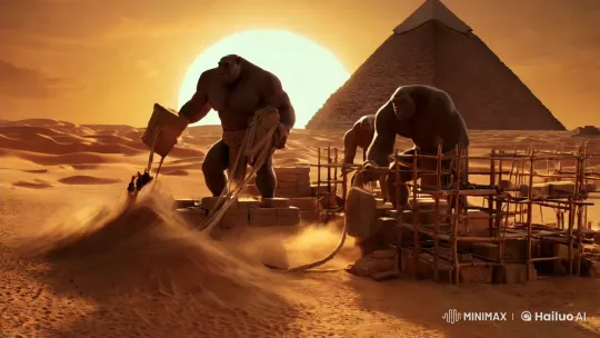 Giants Construct Pyramids in Mystical Desert Sunlight – AI Generated Video | Hailuo AI