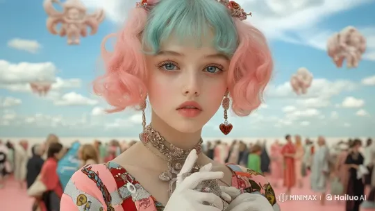 Woman in Vibrant Attire Engages with Whimsical Background – AI Generated Video | Hailuo AI