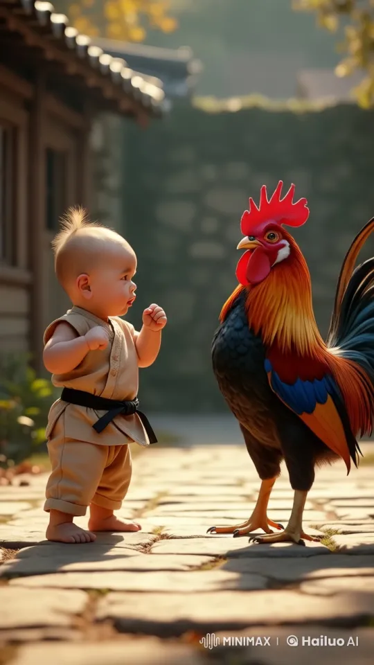 Boy, Rooster, and Protective Cat Interact Playfully – AI Generated Video | Hailuo AI