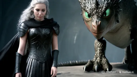 Silver-Haired Woman Bonds with Loyal Dragon in Medieval Setting – AI Generated Video | Hailuo AI