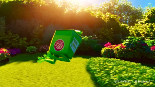 Frog Leaps with Animated Juice Box in Garden Scene – AI Generated Video | Hailuo AI