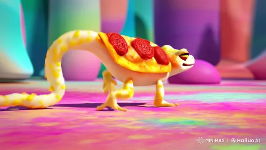 Fantastical Gecko Moonwalks on Pizza Body – AI Generated Video | Hailuo AI