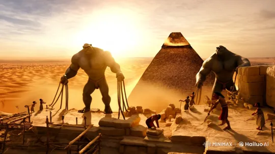 Giants and Workers Construct Pyramids in Golden Desert – AI Generated Video | Hailuo AI
