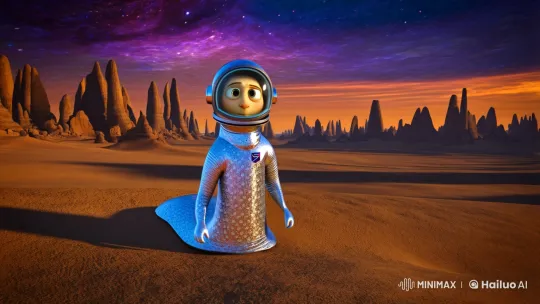 Snail Bob in Reflective Spacesuit Amidst Cosmic Desert Dusk – AI Generated Video | Hailuo AI