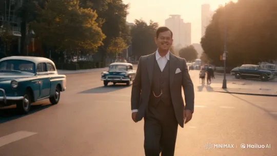 Confident Man Crosses City Road in Vintage Suit – AI Generated Video | Hailuo AI