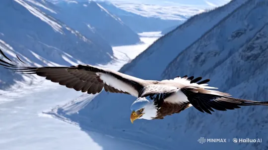 White-Furred Eagle Soars Over Winter Wonderland – AI Generated Video | Hailuo AI