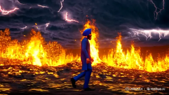 Sikh Man Walks Through Fiery, Stormy 3D Landscape – AI Generated Video | Hailuo AI