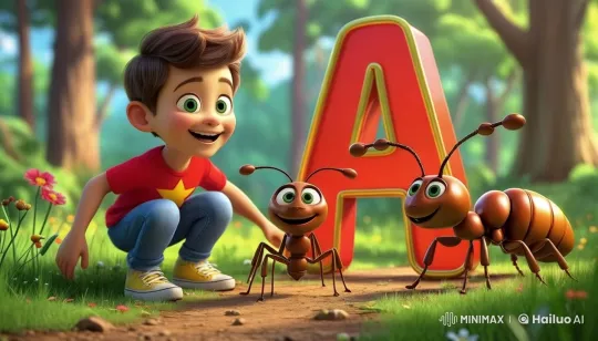 Boy Converses with Ants in Animated Forest Setting – AI Generated Video | Hailuo AI