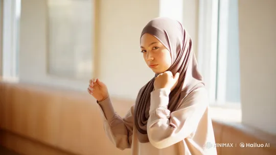Young Woman Arranging Books in Elegant Hijab – AI Generated Video | Hailuo AI
