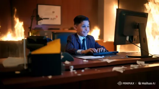 Boy Works Calmly Amidst Office Fire – AI Generated Video | Hailuo AI