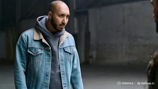 Bald Protagonist Defeats Two Opponents in Dramatic Warehouse Fight – AI Generated Video | Hailuo AI