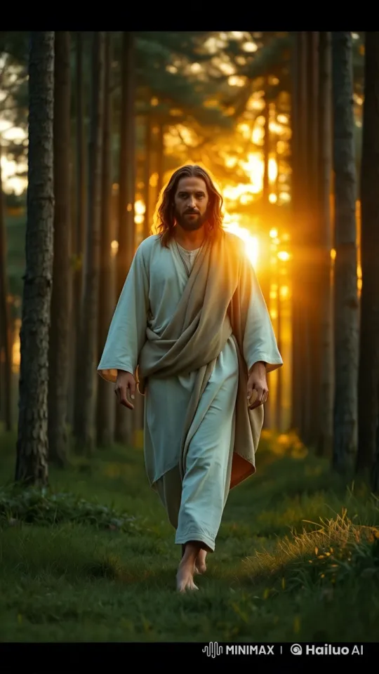 Jesus Christ Walks Through Serene Forest at Sunset – AI Generated Video | Hailuo AI
