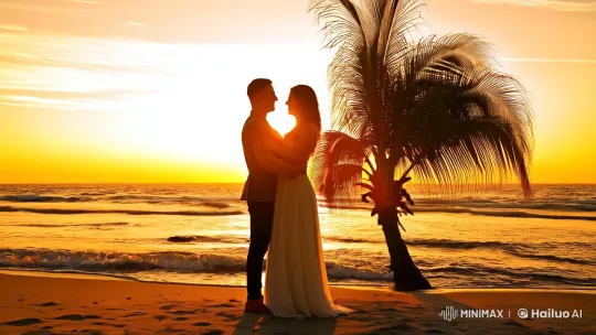 Couple's Intimate Embrace on a Golden Beach Sunset – AI Generated Video | Hailuo AI