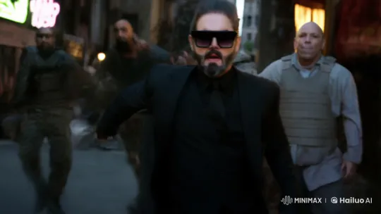 Urban Chase: Bearded Man Evades Pursuers in Twilight Drama – AI Generated Video | Hailuo AI