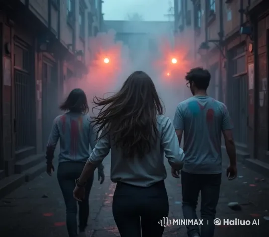 Three Runners Evade Mystery in Colorful Alley – AI Generated Video | Hailuo AI