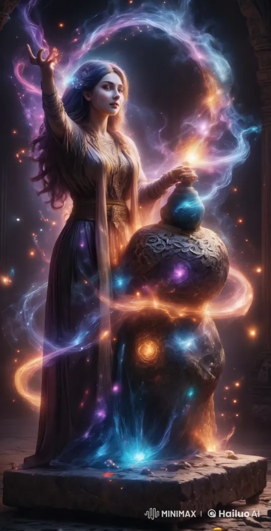 Mystical Sorceress Showcases Enchanting Magic in Ancient Hall – AI Generated Video | Hailuo AI