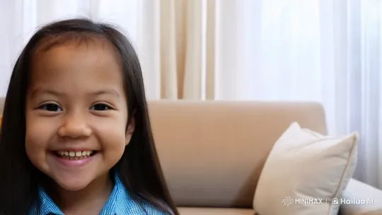 Joyful Young Girl in Cozy Living Room Setting – AI Generated Video | Hailuo AI